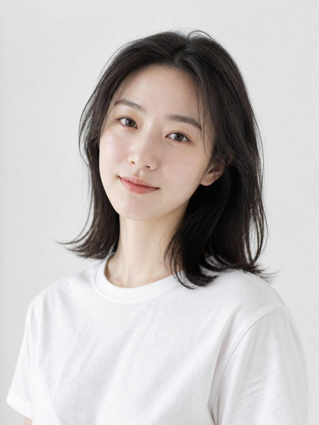 白いTシャツ姿で穏やかに微笑む日本人女性のスタジオポートレート