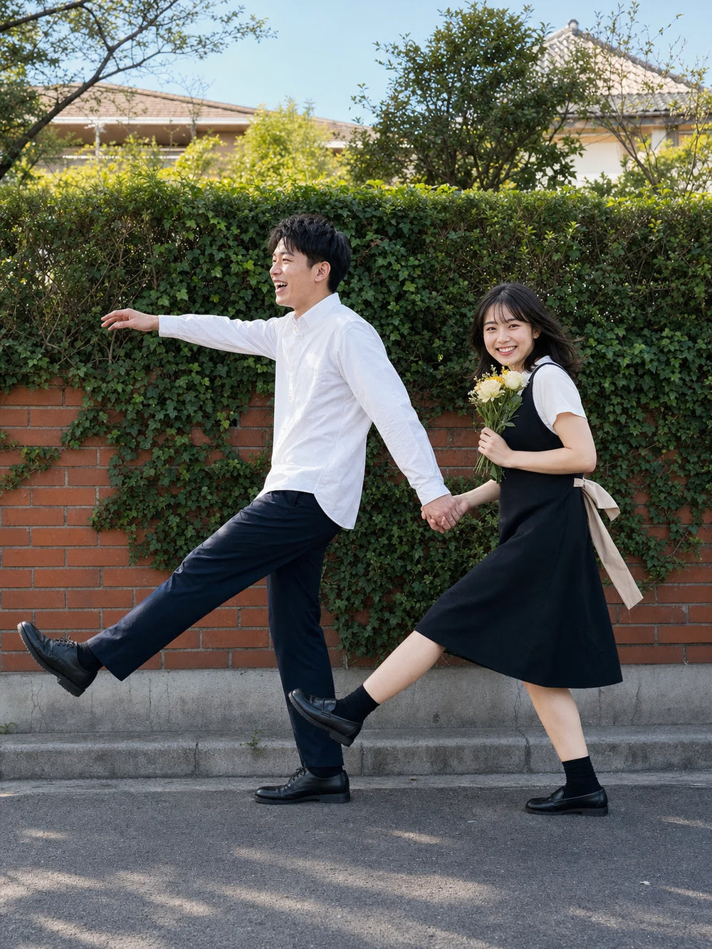 レンガ塀の前で歩調を合わせてふざけながら歩くカップル｜仙台フォトスタジオQnNe（キュンネ）
