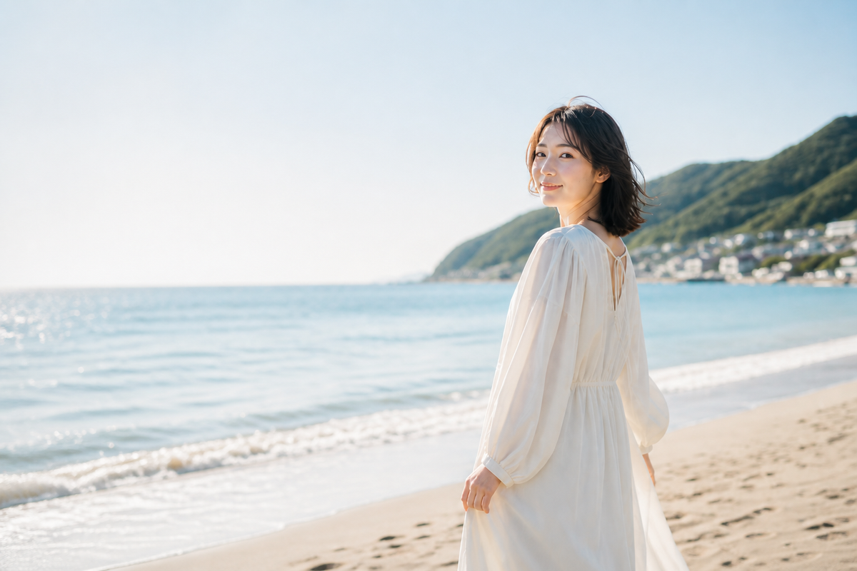 海辺を歩きながら振り返る白いワンピース姿の女性