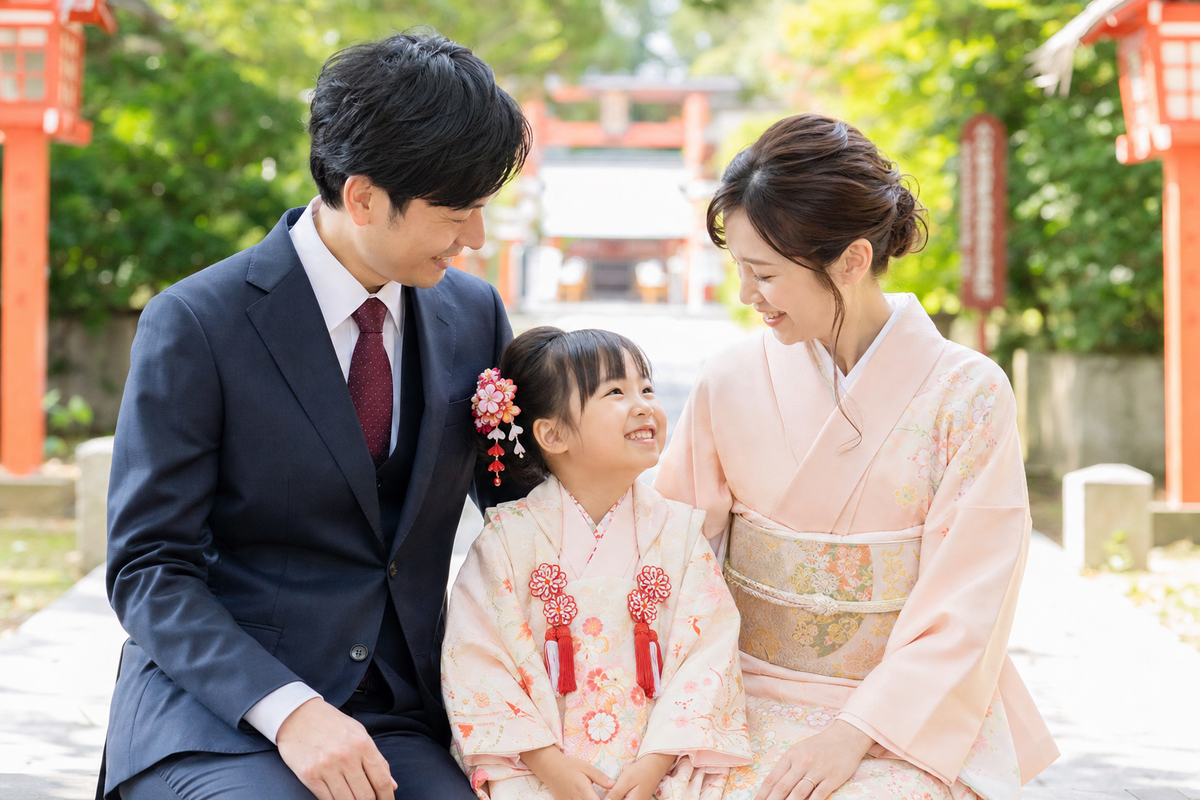 神社で七五三を祝う着物姿の女の子と両親
