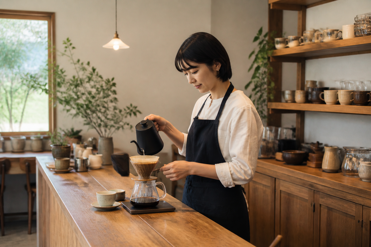 カフェ店内でコーヒーを淹れる女性店主