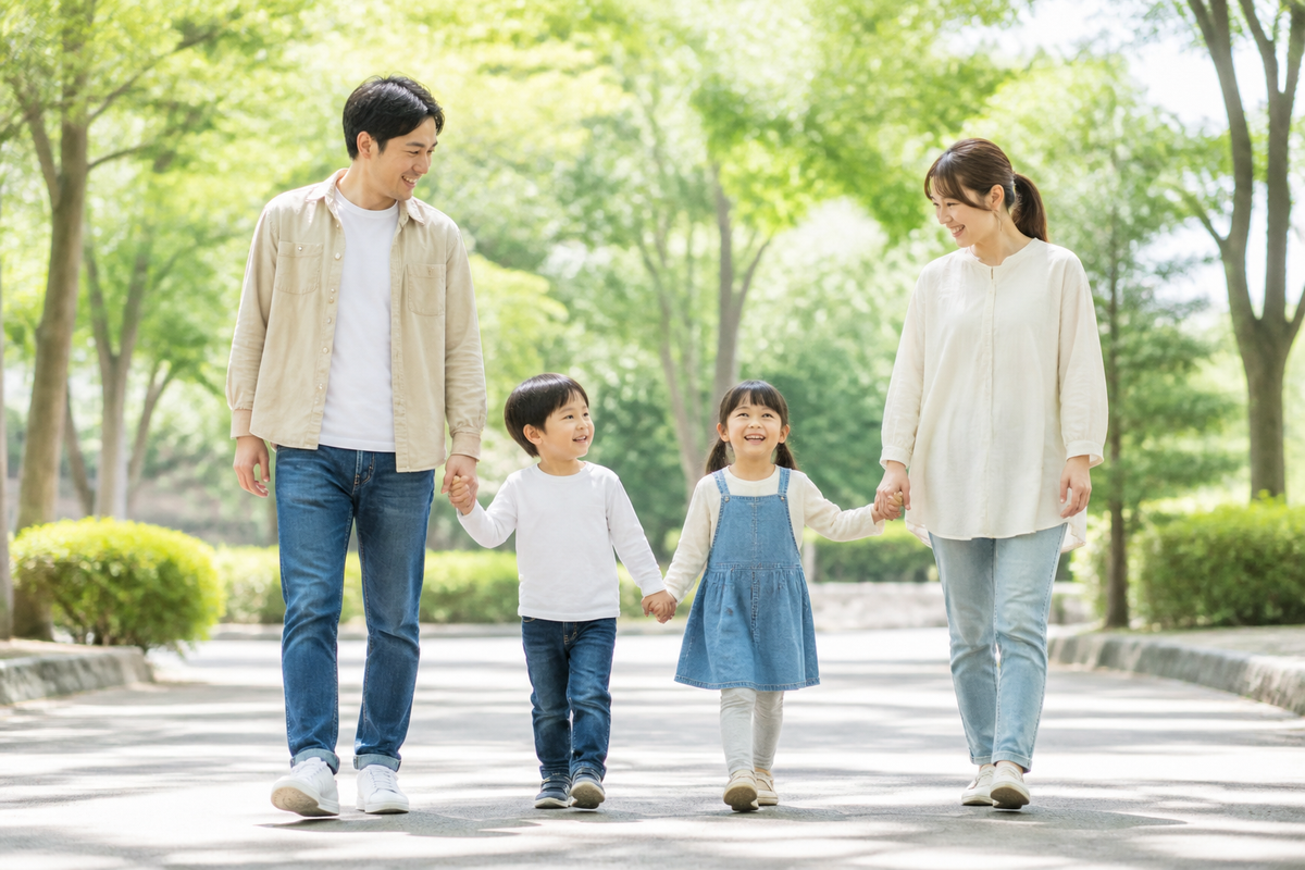 緑の公園を手をつないで歩く家族