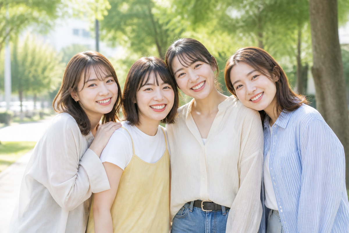 公園で肩を寄せて笑う女性グループ