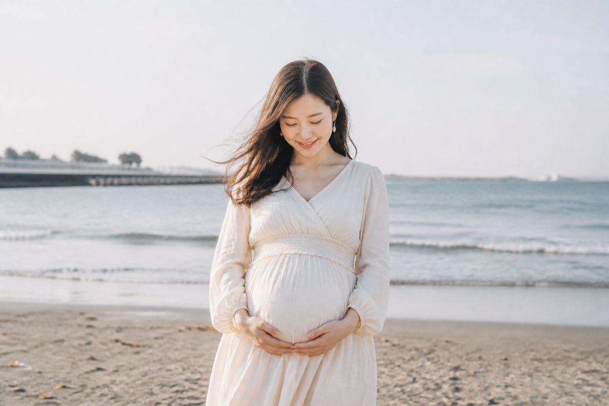 海辺でお腹に手を添えるマタニティ姿の女性
