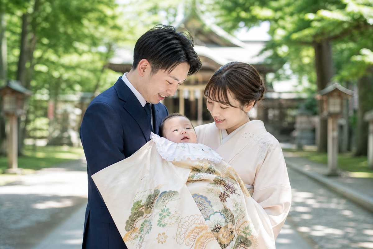 神社でお宮参りをする赤ちゃんと両親