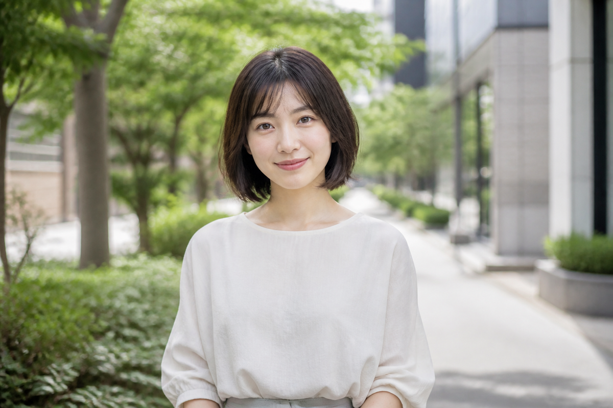 緑のある街角で自然に微笑む女性のプロフィール写真