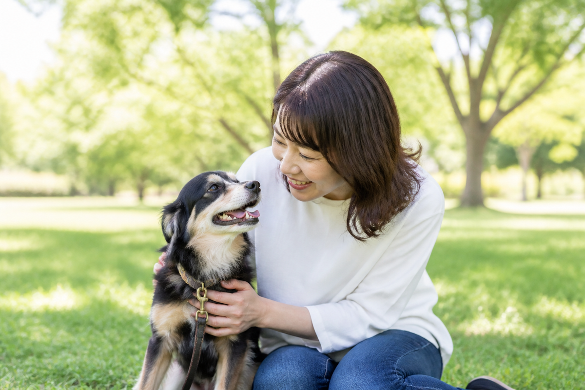 緑の公園で愛犬と目を合わせる女性