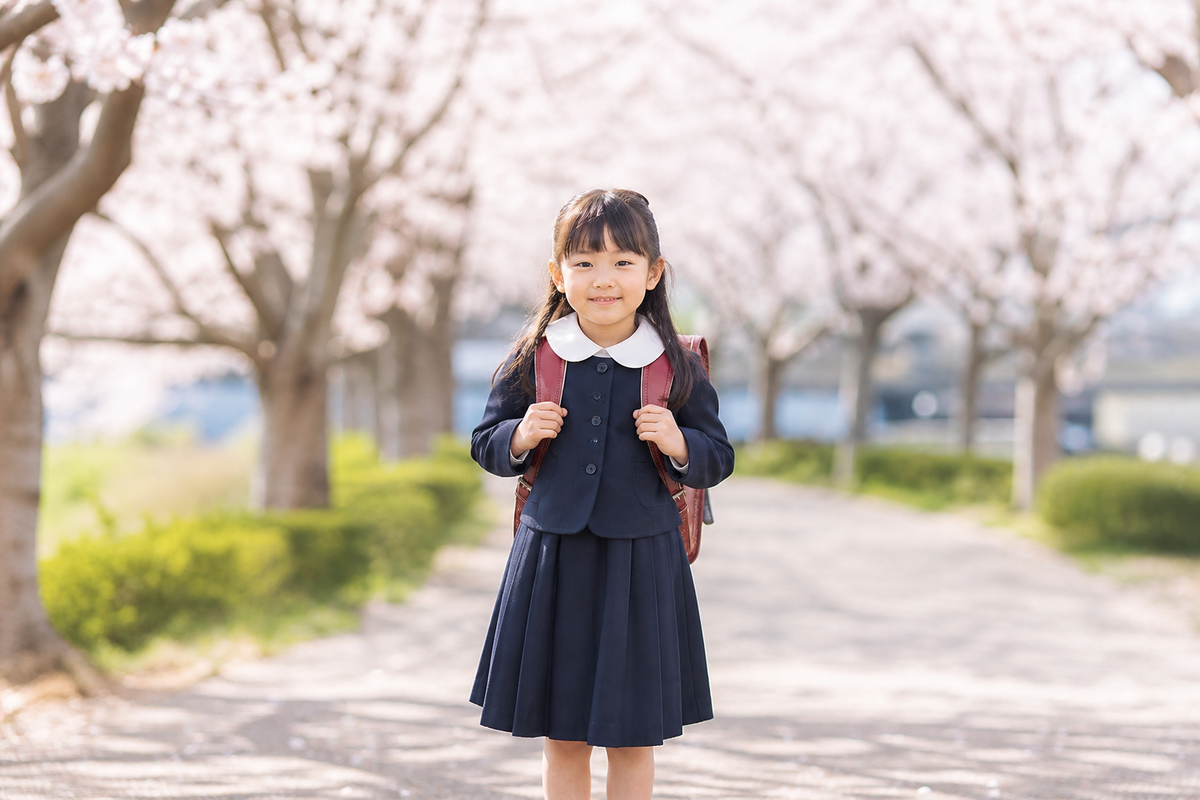 桜並木でランドセルを背負う入学式姿の女の子