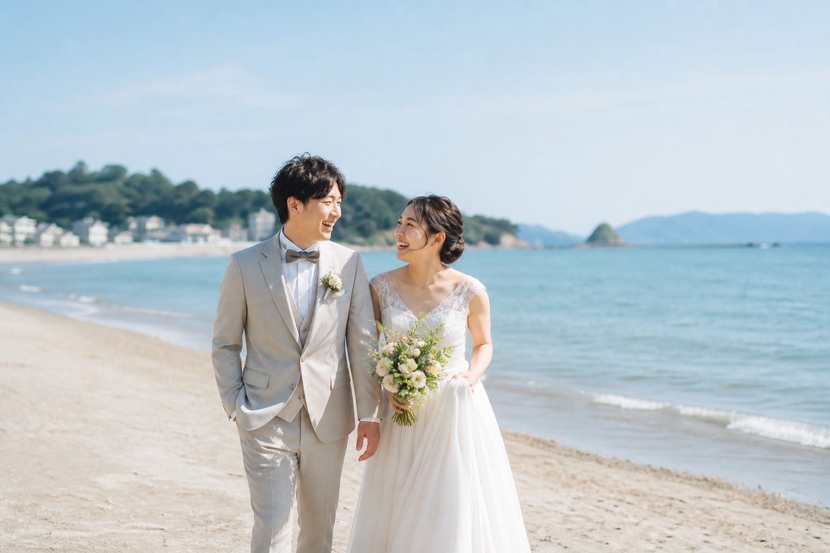 海辺を歩きながら笑い合う新郎新婦