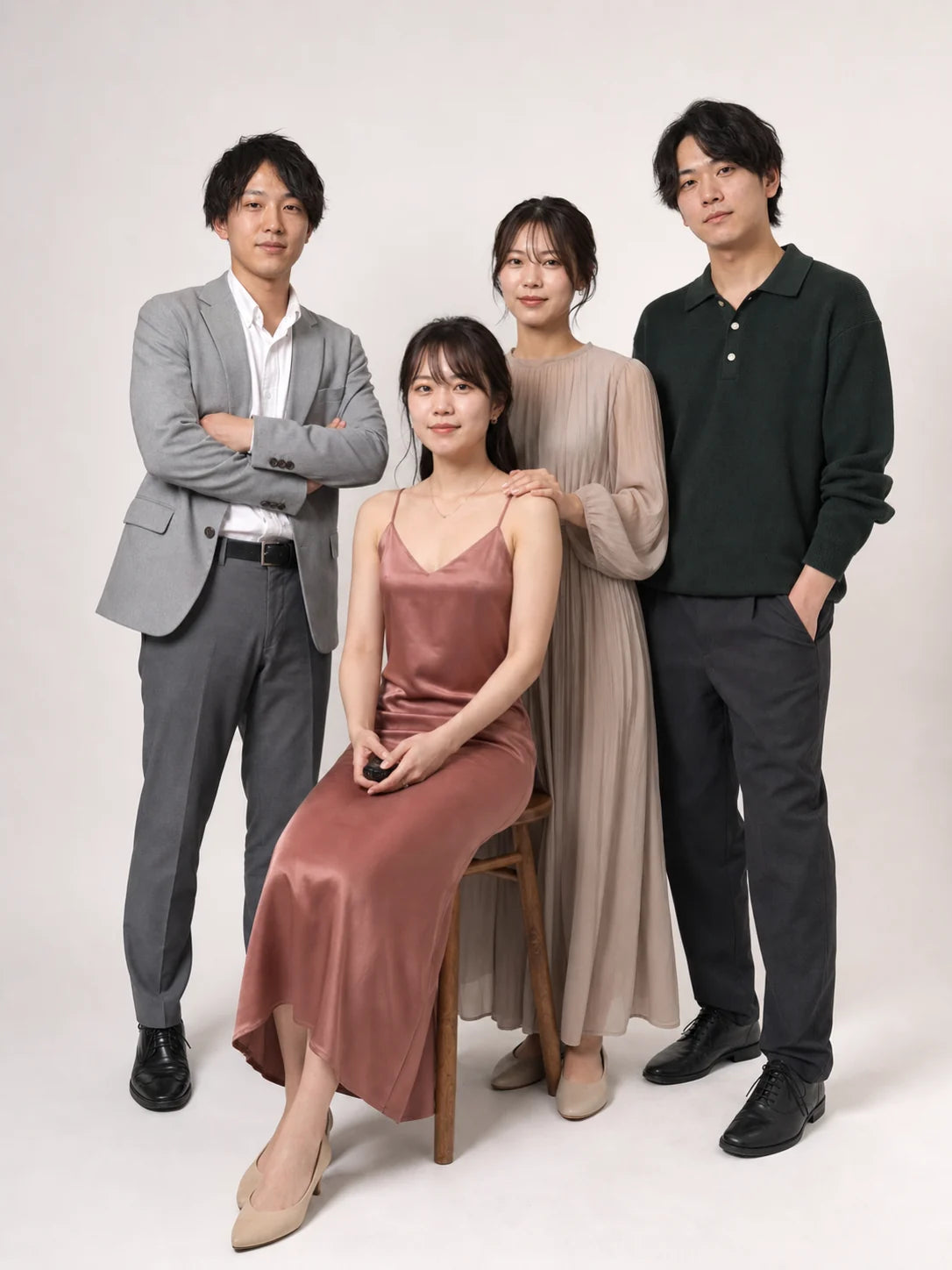 ドレスアップした4人が丸椅子を囲んで並ぶセルフフォト