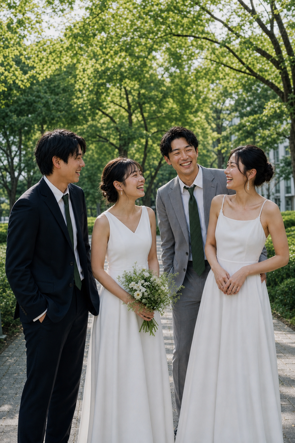 公園で笑い合う友達同士二組のフォトウエディング｜仙台フォトスタジオQnNe