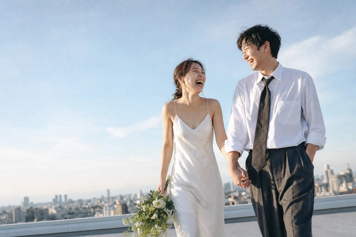 仙台の屋上で笑い合いながら手をつなぐ新郎新婦のフォトウエディング｜仙台フォトスタジオQnNe（キュンネ）