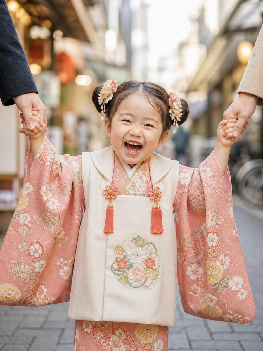 商店街で七五三の着物姿の女の子が両親と手をつないで笑う写真