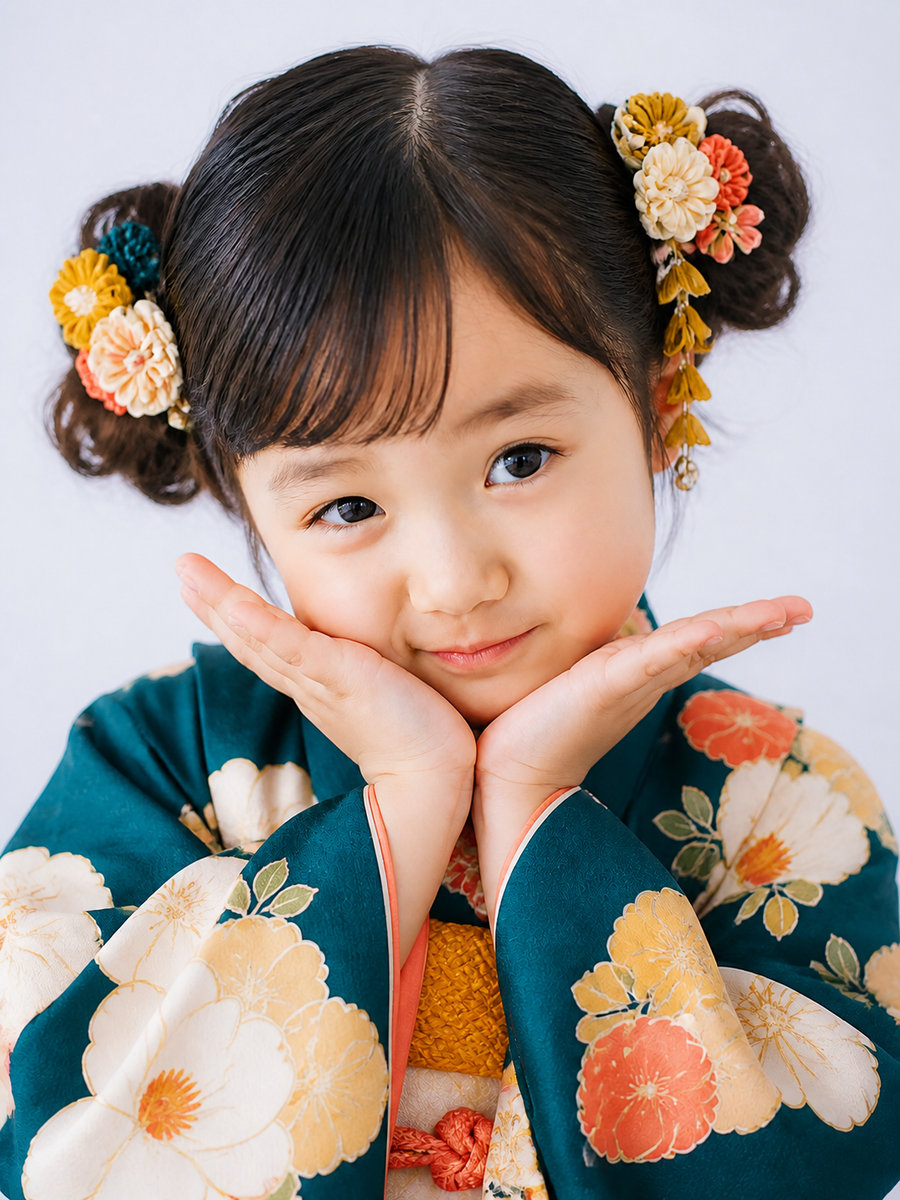 頬に手を添えておどけた表情を見せる七五三の着物姿の日本人の女の子